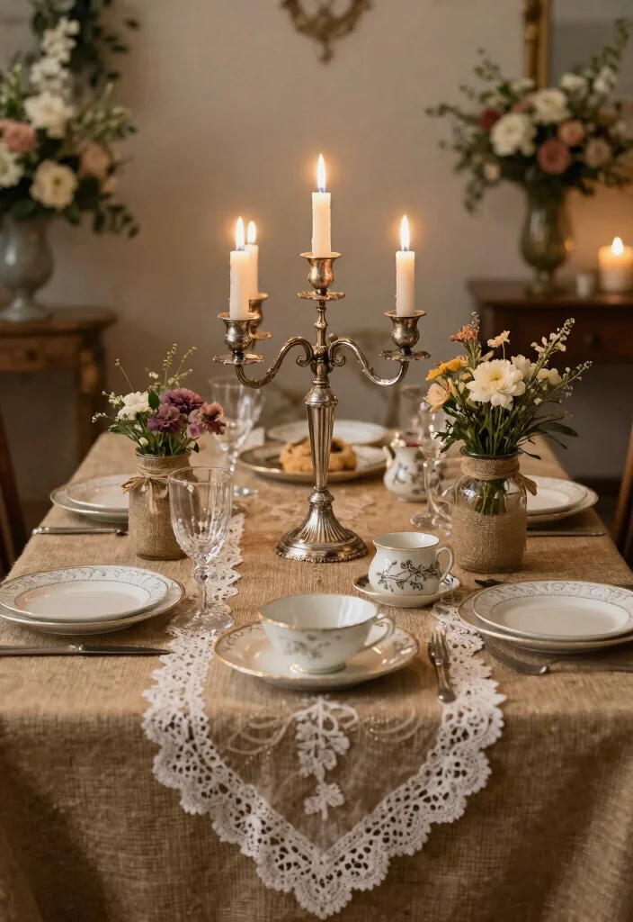 12 Burlap Wedding Table Inspirations That Don't Look Rustic-Overdone - 4. Vintage Glam with Burlap 1