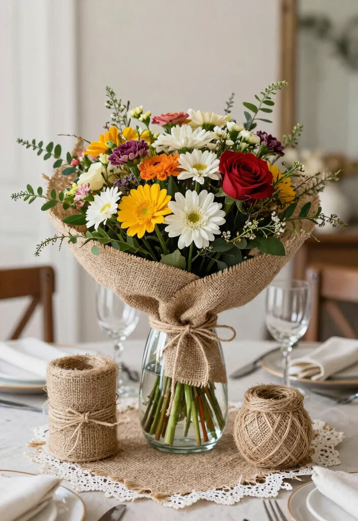 12 Burlap Wedding Table Inspirations That Don't Look Rustic-Overdone - 7. Rustic-Chic Bouquets on Burlap 1