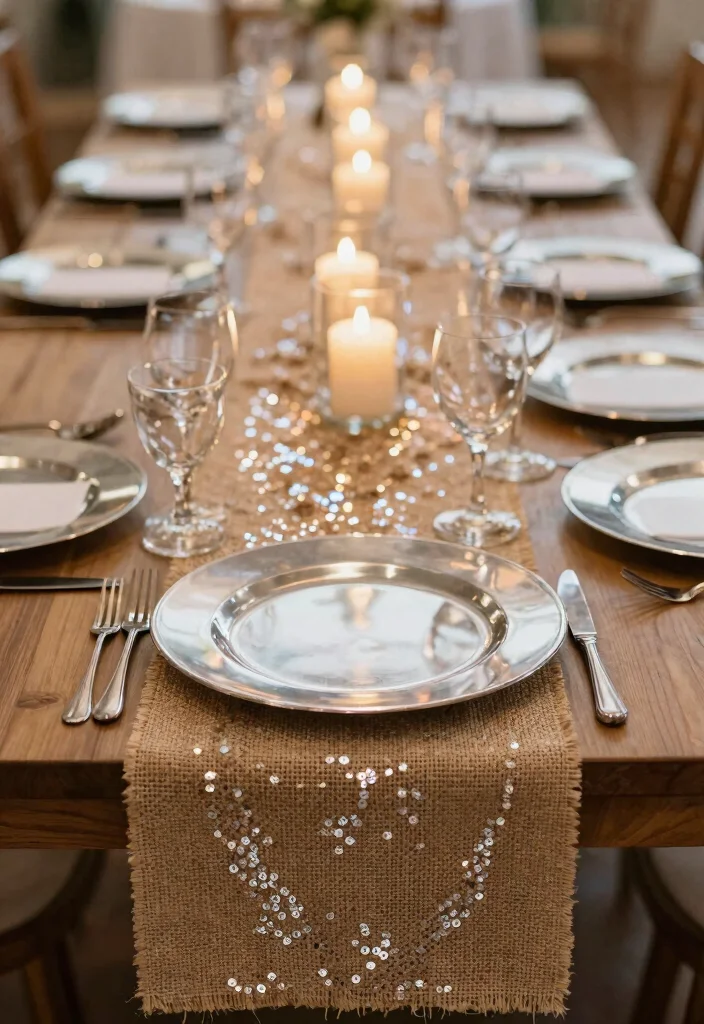 12 Burlap Wedding Table Inspirations That Don't Look Rustic-Overdone - 8. Glamorous Burlap Table Settings 1