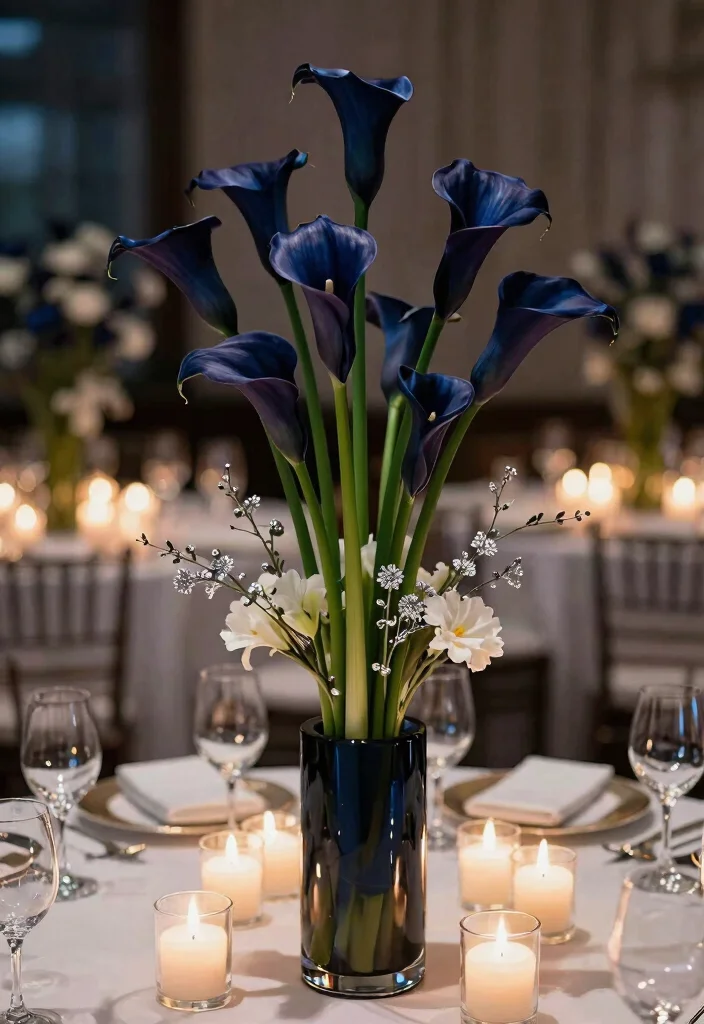 12 Navy Wedding Flowers That Show Up in Dim Reception Lighting - 2. Navy Calla Lilies: Modern and Stylish 1