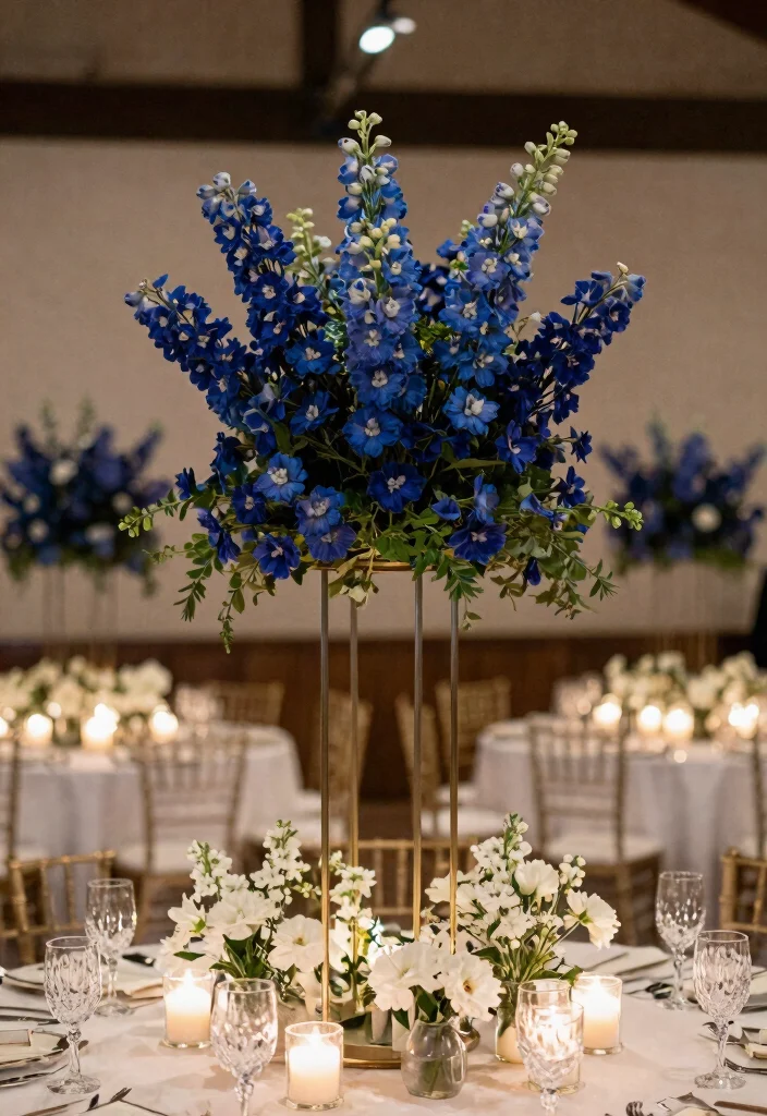 12 Navy Wedding Flowers That Show Up in Dim Reception Lighting - 5. Navy Delphiniums: Bold and Striking 1