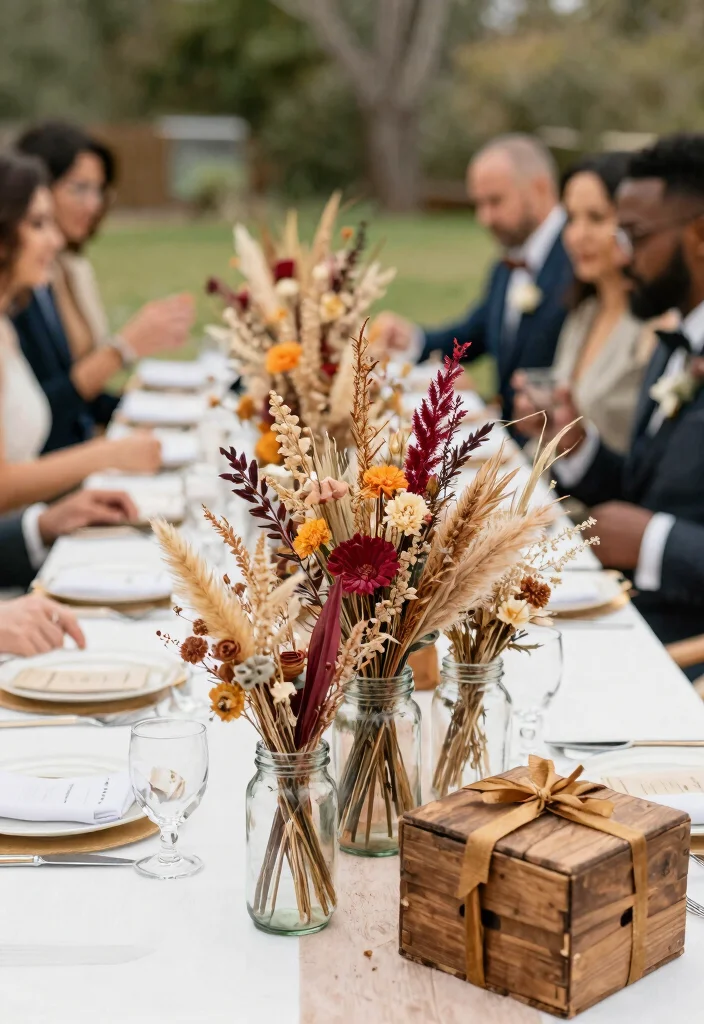 12 Spring Wedding Table Decor Ideas That Won't Wilt Outdoors - 3. Dried Floral Arrangements 1