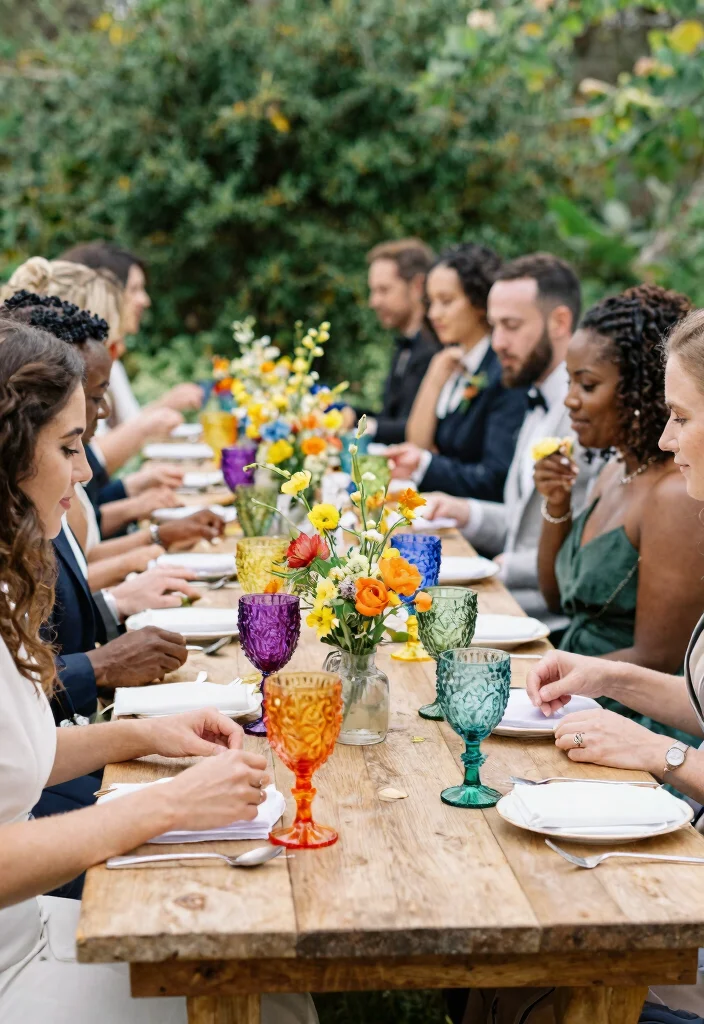 12 Spring Wedding Table Decor Ideas That Won't Wilt Outdoors - 9. Colorful Glassware 1