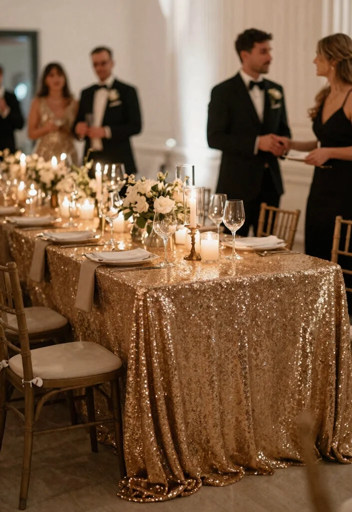 14 Gold Wedding Decorations That Don't Look Like High School Prom - 8. Gold Sequin Table Cloths 1