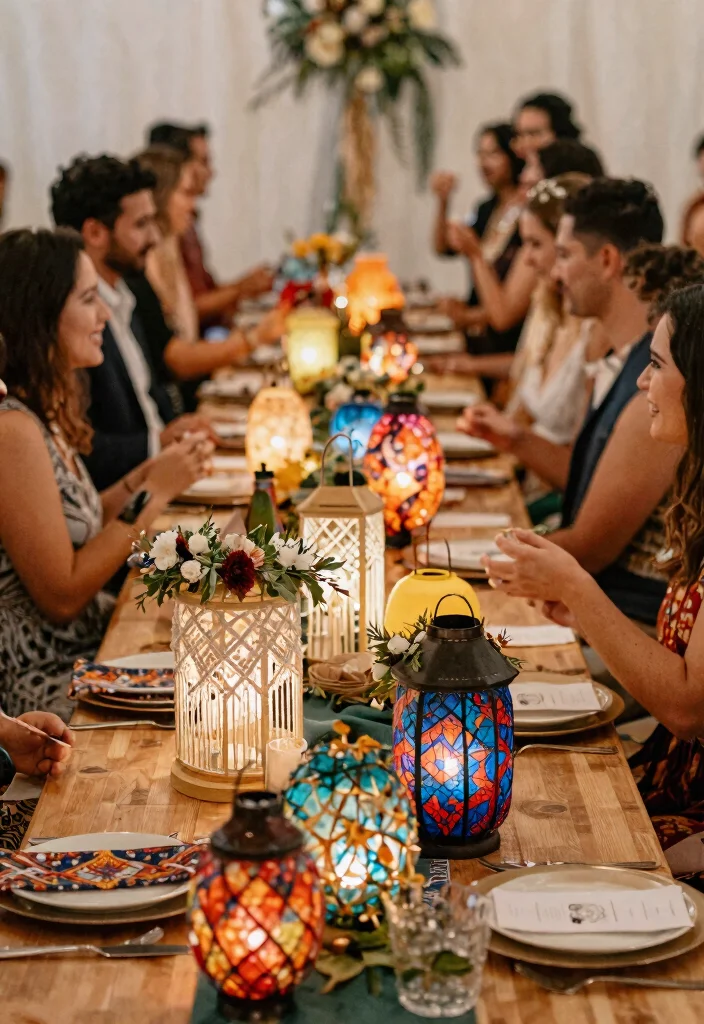 14 Lantern Wedding Centerpieces That Don't Tip Over - 2. Bohemian Vibes with Colorful Lanterns 1