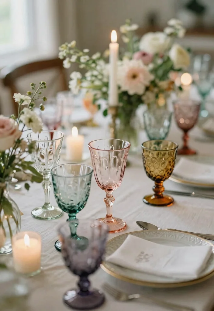 14 Romantic Wedding Table Decor Ideas That Match Your Palette - 4. Vintage Glassware 1