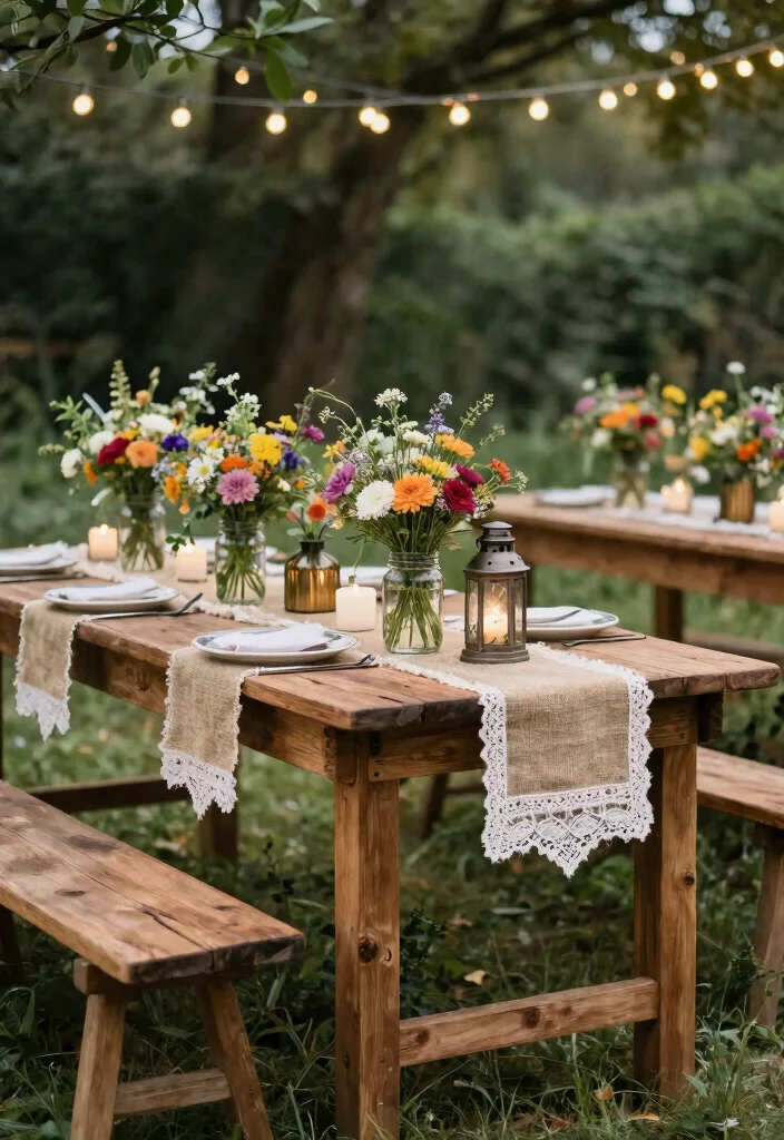 14 Wedding Table Setup Ideas That Stay Put Through Dancing - 1. Rustic Chic with Wooden Tables 1