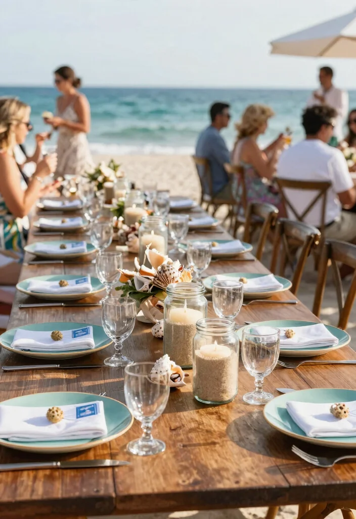 14 Wedding Table Setup Ideas That Stay Put Through Dancing - 9. Coastal Beach Vibe with Windproof Setup 1