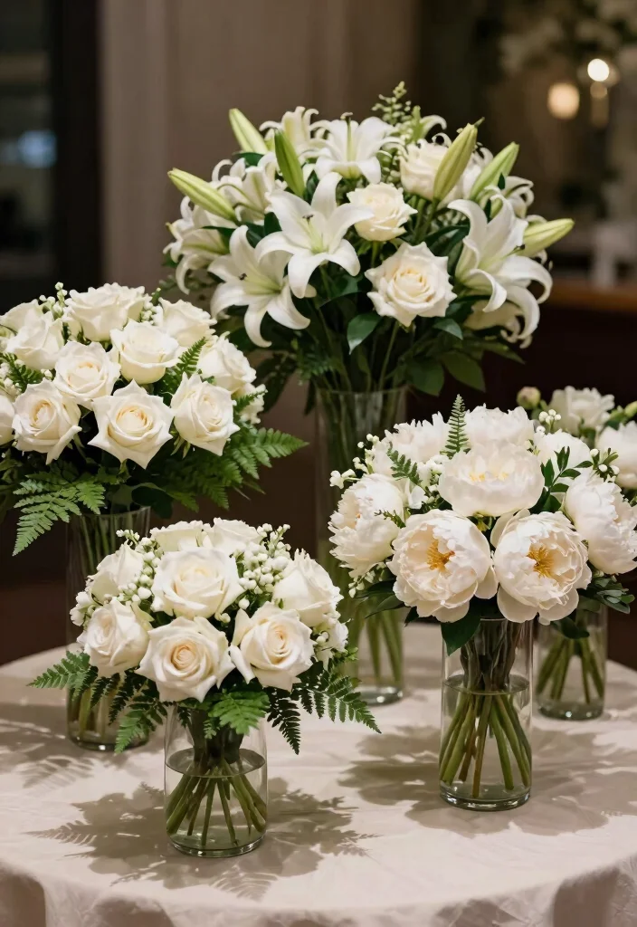 15 50th Wedding Anniversary Decorations Without Tacky Gold - 1. Timeless White Floral Arrangements 1