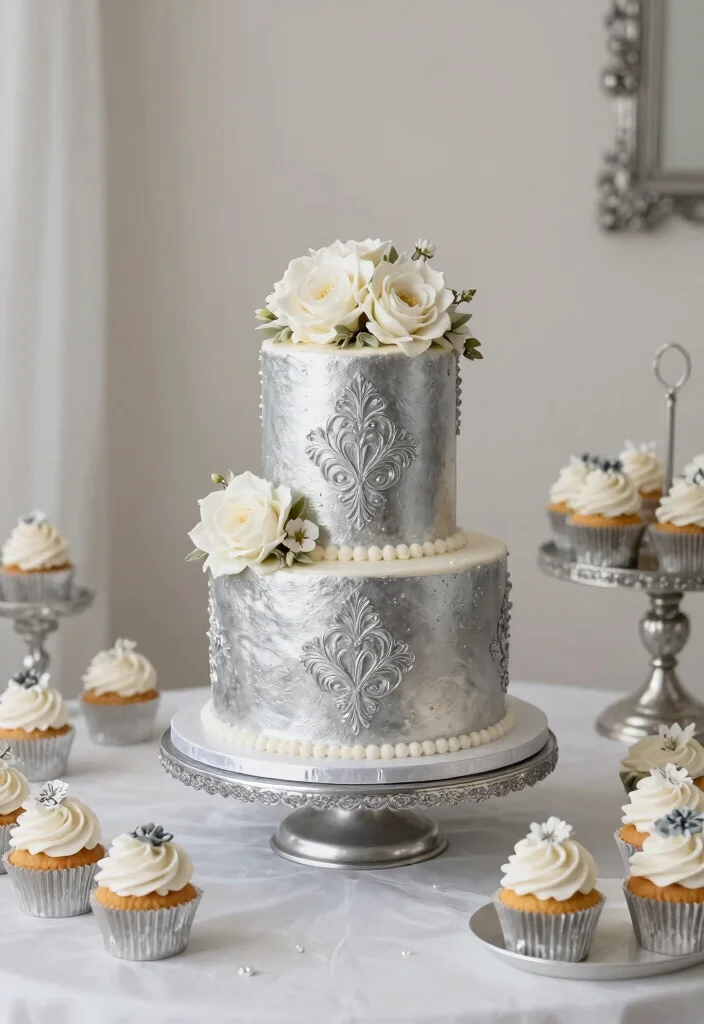 15 50th Wedding Anniversary Decorations Without Tacky Gold - 7. Silver and White Cake Display 1