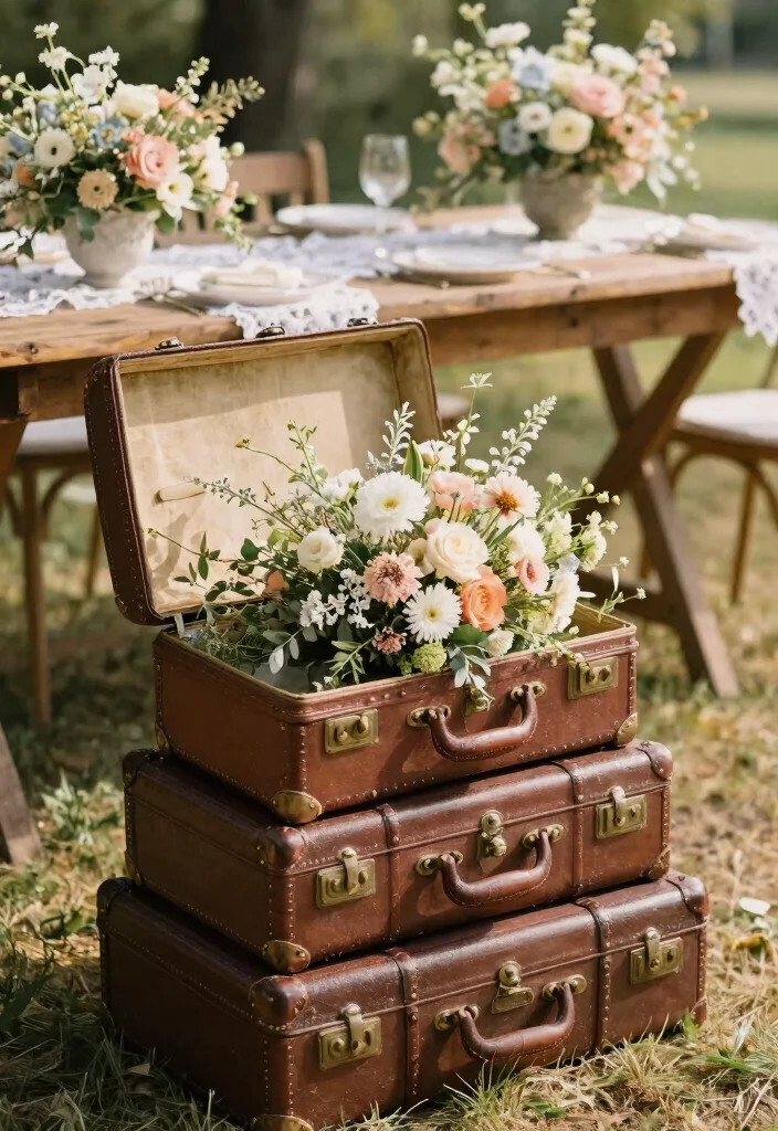 15 Vintage Wedding Decorations That Don't Look Like Grandma's - 6. Vintage Suitcase Decor 1