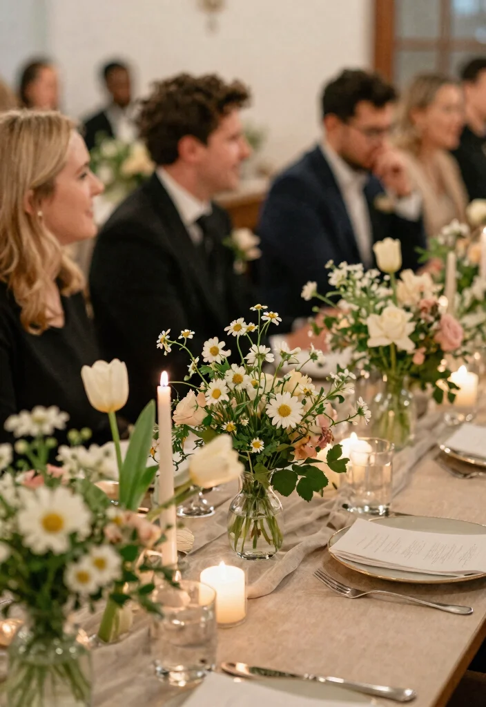 15 Wedding Reception Table Decor Ideas That Don't Block Talking - 1. Soft Floral Arrangements 1