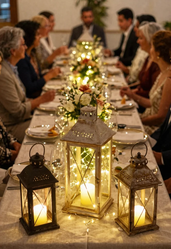 15 Wedding Reception Table Decor Ideas That Don't Block Talking - 11. Rustic Lanterns 1