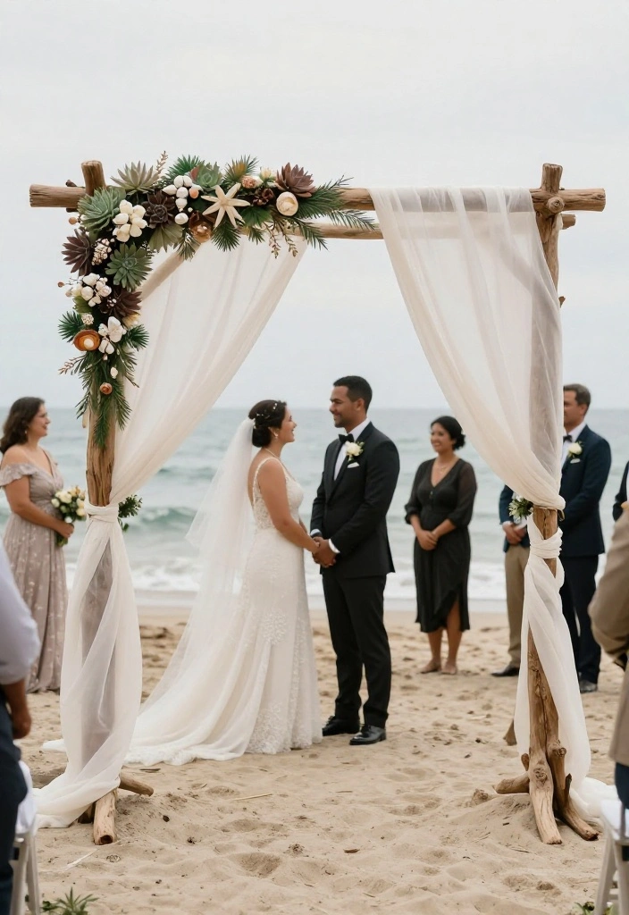 18 Wedding Arch Decoration Ideas That Stand Up to Wind - 1. Driftwood and Fabric Combo 1