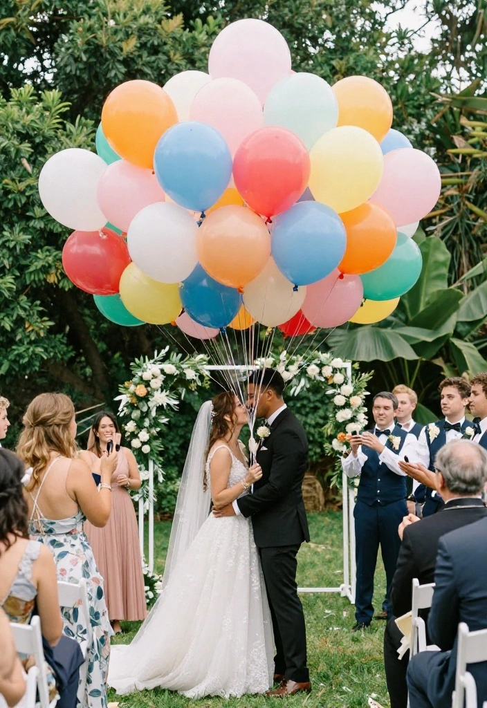 18 Wedding Arch Decoration Ideas That Stand Up to Wind - 10. Whimsical Balloon Decor 1