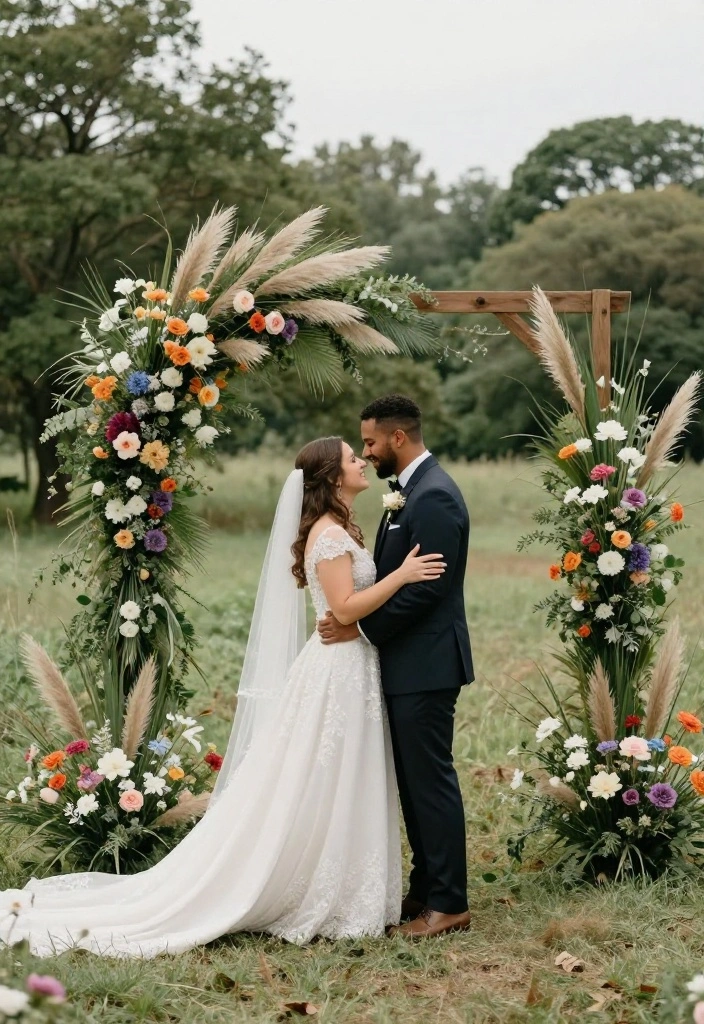 18 Wedding Arch Decoration Ideas That Stand Up to Wind - 12. Tall Grass and Floral Combo 1