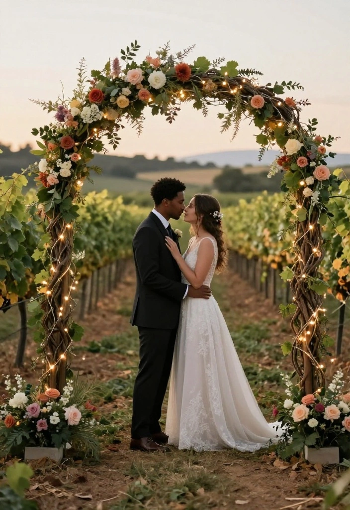 18 Wedding Arch Decoration Ideas That Stand Up to Wind - 14. Grapevine Twist 1