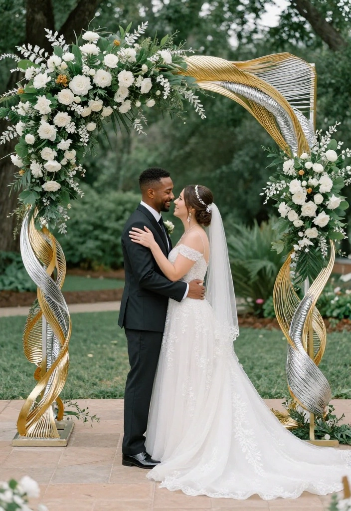 18 Wedding Arch Decoration Ideas That Stand Up to Wind - 16. Metallic Accents 1