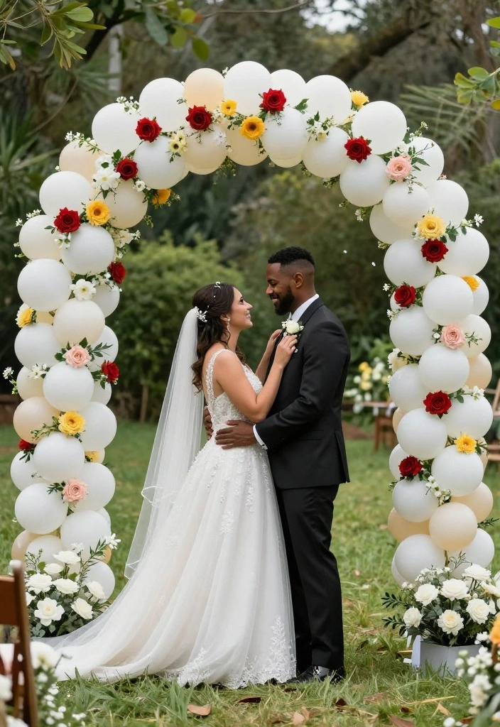 18 Wedding Arch Decoration Ideas That Stand Up to Wind - 17. Balloon and Flower Garland 1