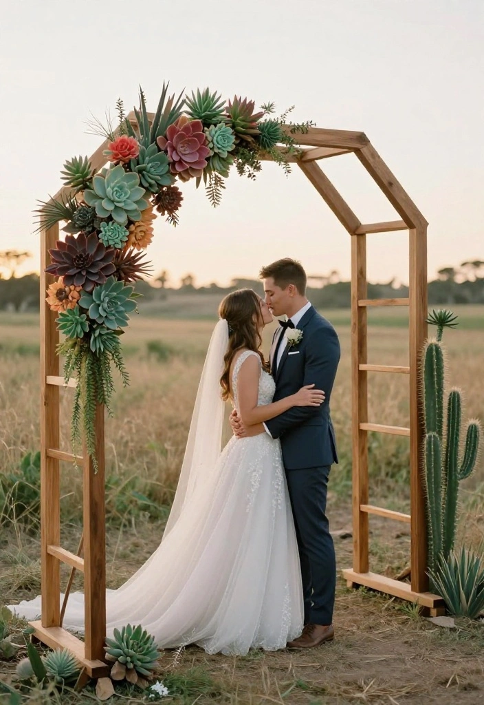 18 Wedding Arch Decoration Ideas That Stand Up to Wind - 2. Succulent and Cactus Accents 1