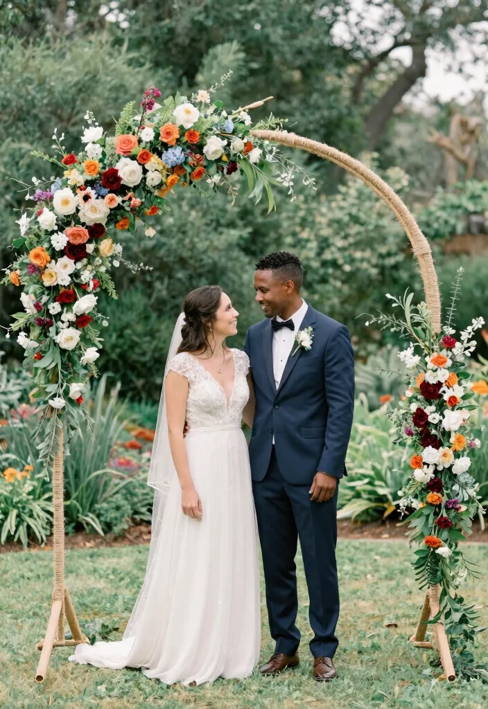 18 Wedding Arch Decoration Ideas That Stand Up to Wind - 3. Floral Hoops with Twine 1
