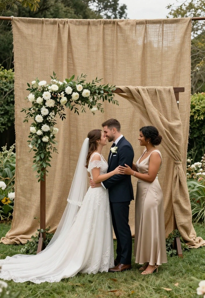18 Wedding Arch Decoration Ideas That Stand Up to Wind - 7. Heavy-Duty Fabric Backdrop 1
