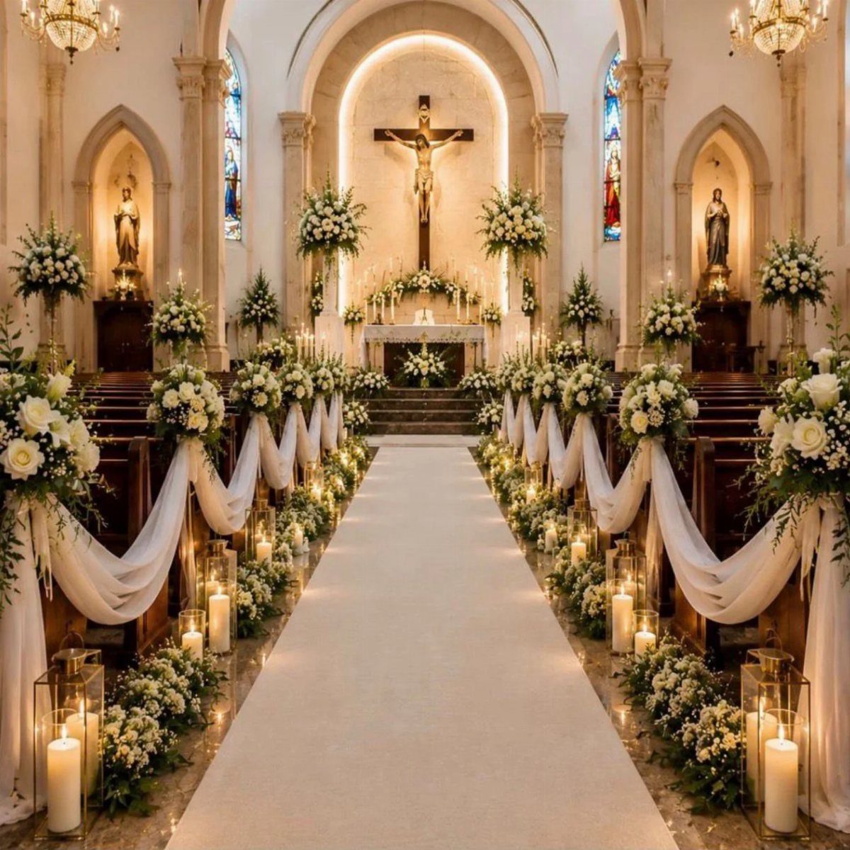 A wedding aisle in a church featuring white floral arrangements, draped fabric, and glowing candles.