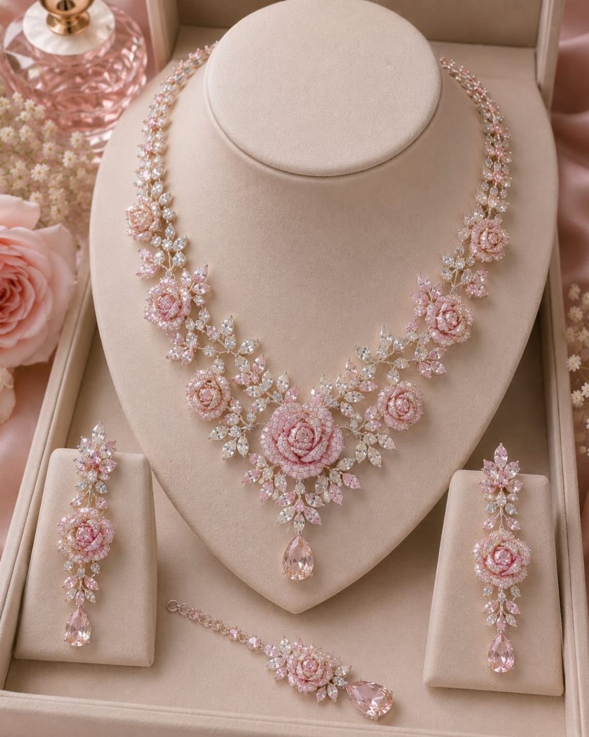 Pink crystal jewelry set with rose designs displayed on a cream jewelry stand.
