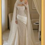 Woman in a heavily embellished white wedding dress with a long cape taking a mirror selfie.