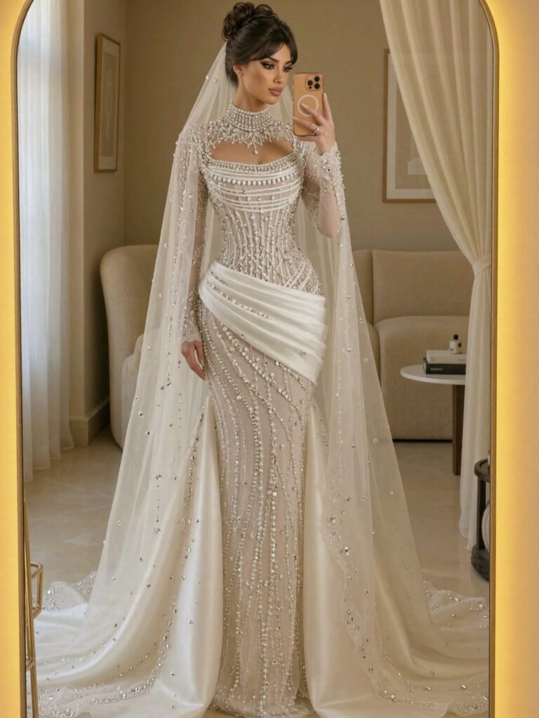 Woman in a heavily embellished white wedding dress with a long cape taking a mirror selfie.