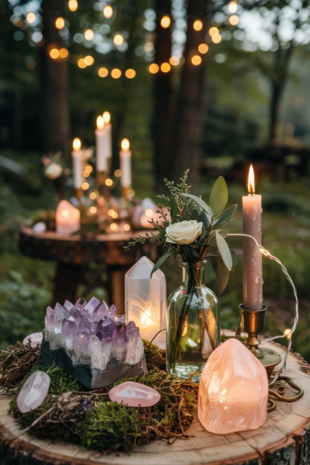 Crystals, lit candles, and white roses arranged on a mossy wooden table in a forest.