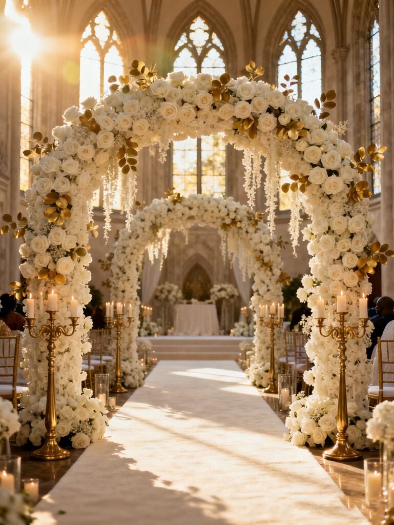 White floral arches with gold accents frame a white aisle runner inside a sunlit cathedral.