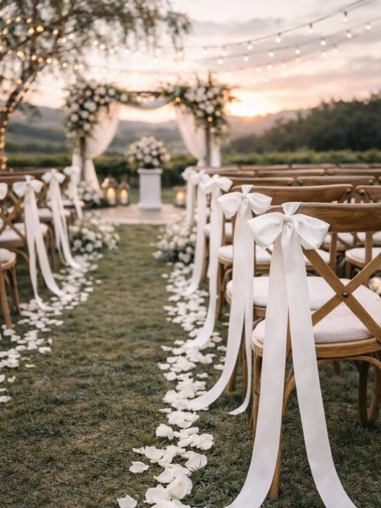 Wooden wedding chairs with white bows line a petal-strewn grass aisle leading to a floral arch.