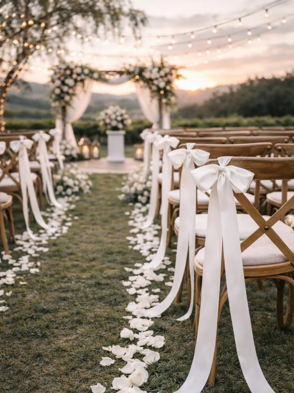 Wooden wedding chairs with white bows line a petal-strewn grass aisle leading to a floral arch.