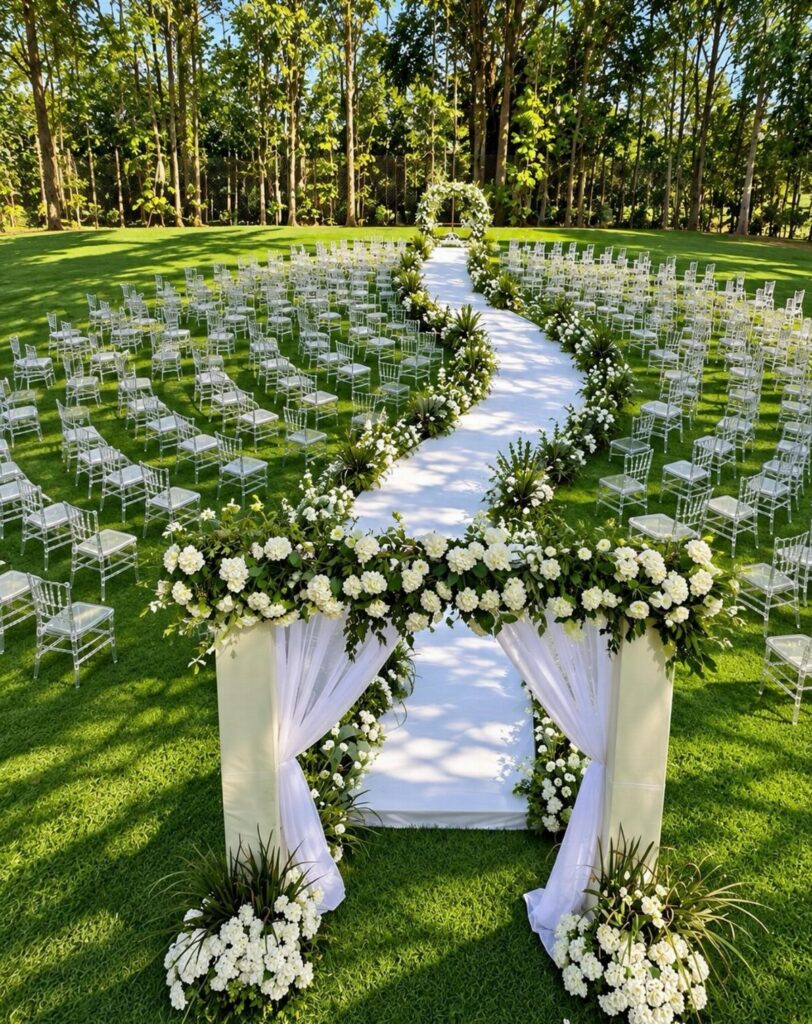 White chairs arranged in semi-circles on green grass surrounding a white aisle runner and floral arches.