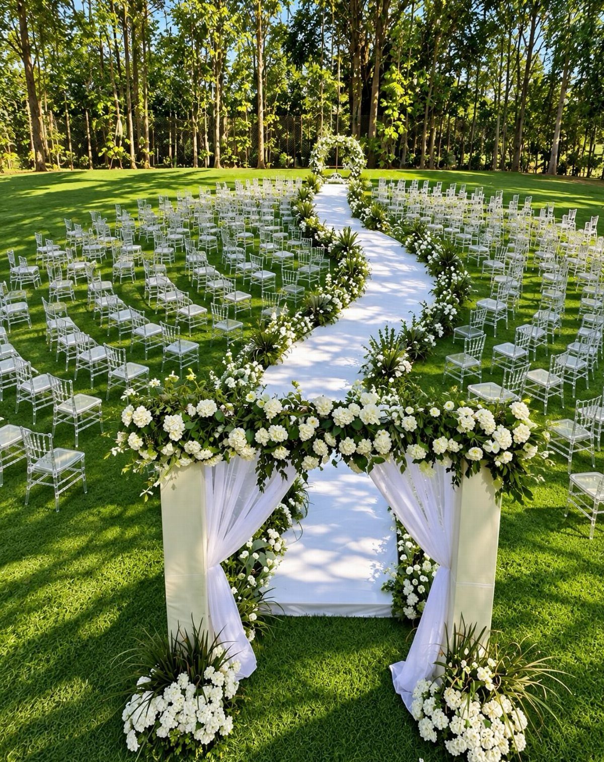 White chairs arranged in semi-circles on green grass surrounding a white aisle runner and floral arches.