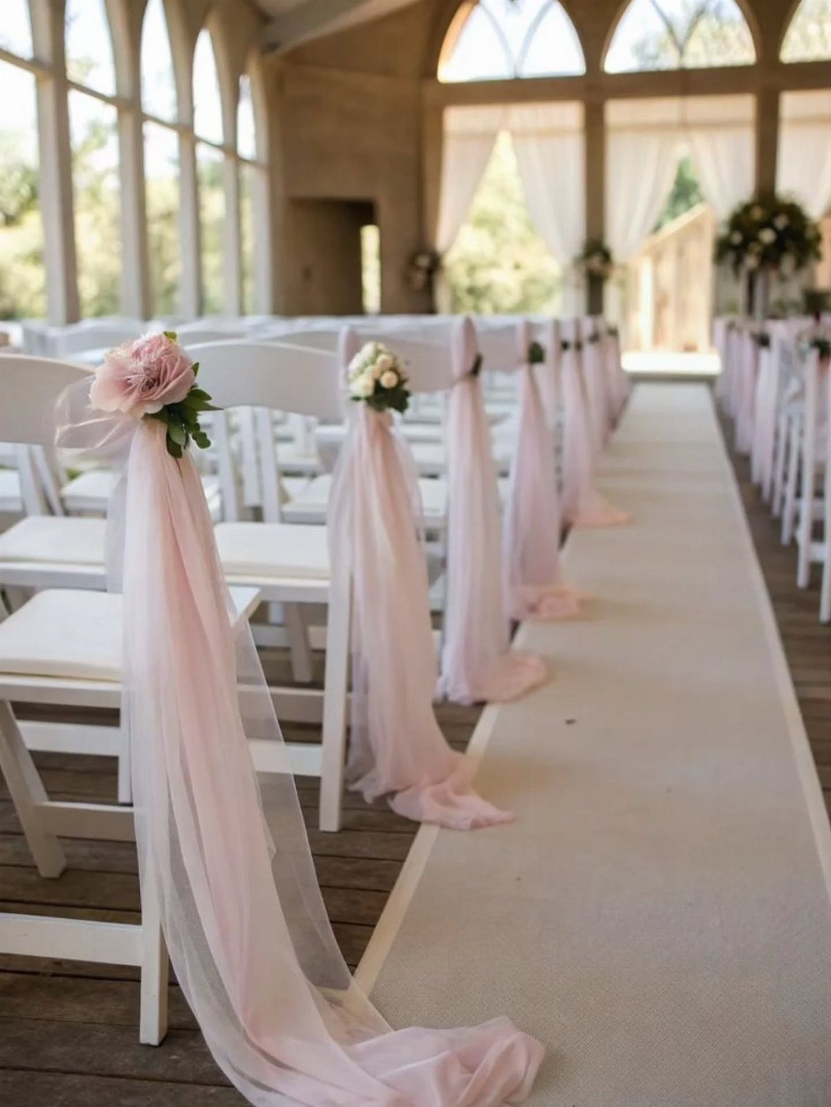 White wedding chairs decorated with pink tulle and flowers lining an aisle in an arched pavilion.
