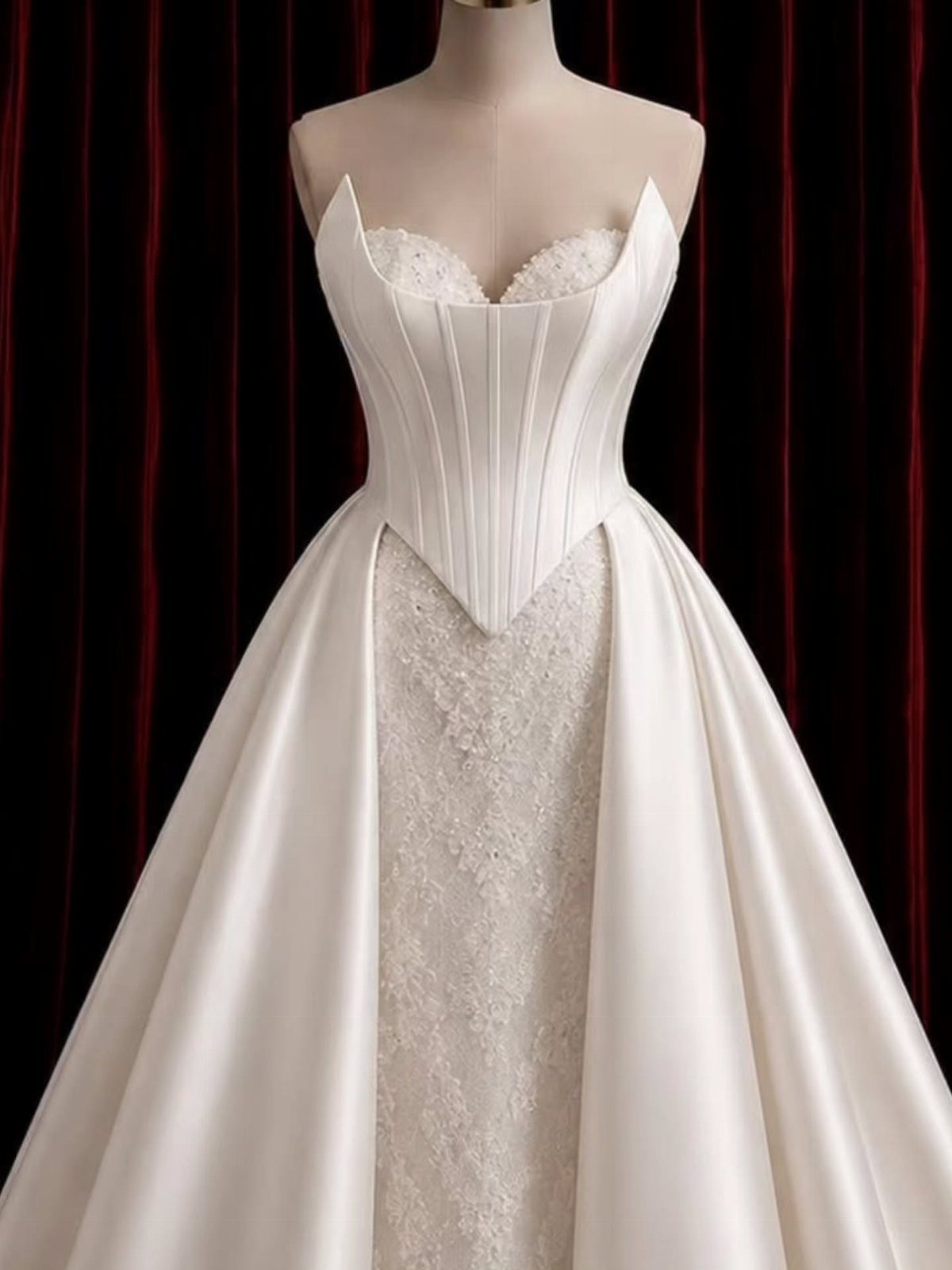 White satin wedding dress with a structured corset bodice and a voluminous lace skirt on a mannequin.
