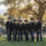 Six men wearing black suit jackets, black ties, jeans, and cowboy hats standing outdoors.