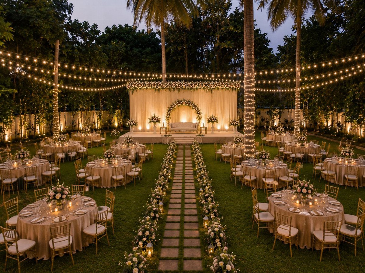 Outdoor wedding reception with lit tables, floral walkways, and string lights under palm trees at dusk.