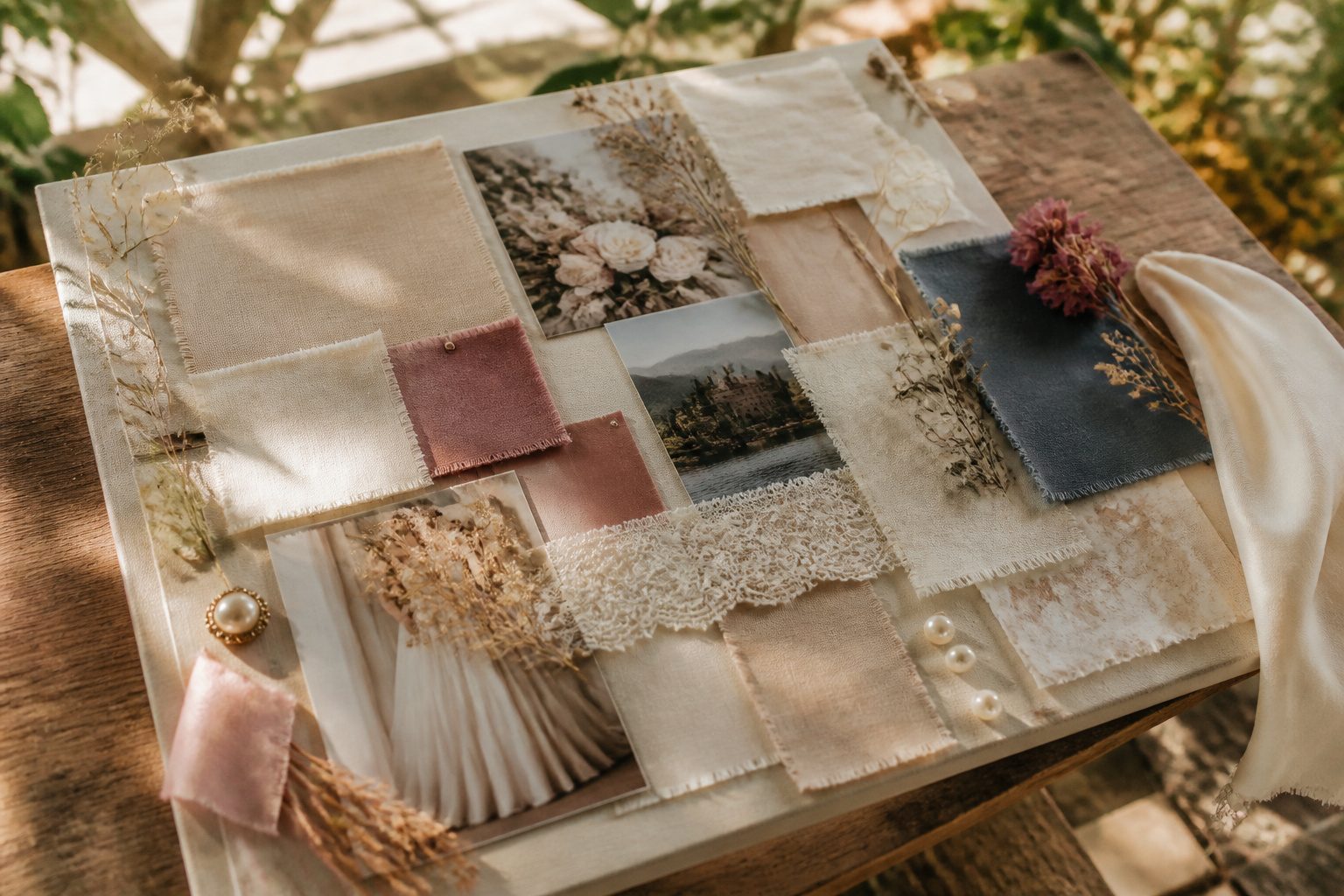 A collage of wedding mood board images showcasing different styles and colors.